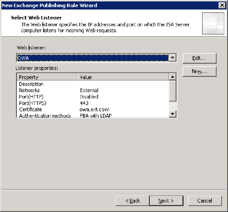 Select the Listener ( should be already configured for 2003 publishing )
