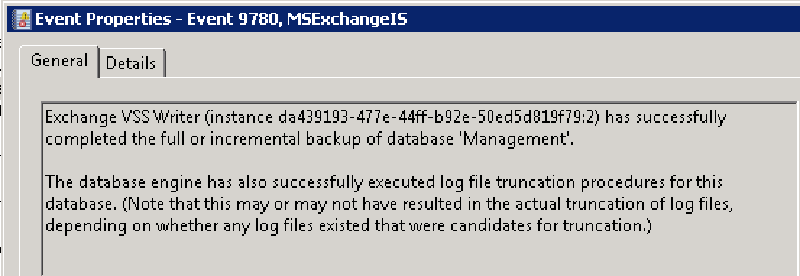 MSExchangeIS Event ID 9780 - Backup complete