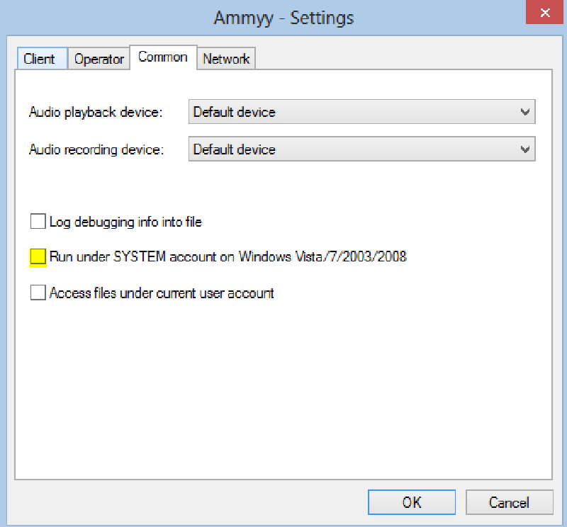Uncheck Run under SYSTEM account