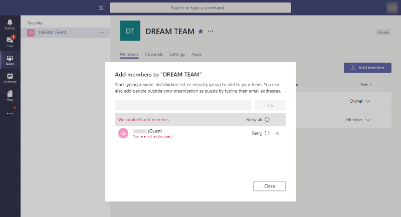 Adding guest you are not authorized microsoft teams